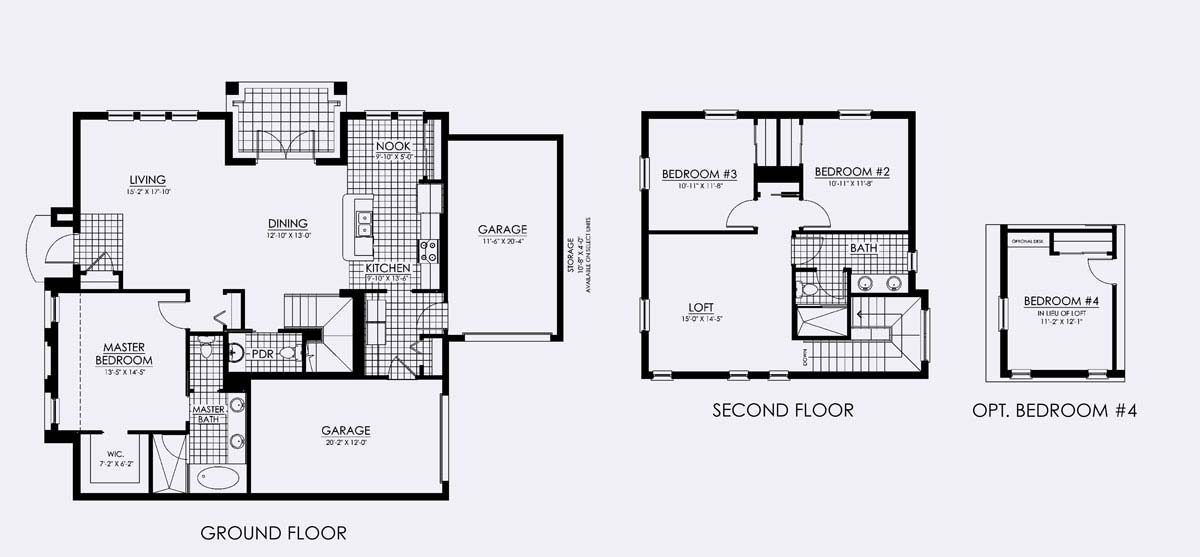 Escondido Floor Plan in Paseo,3 bedroom, 2.5 bath, living room, dining room, loft (optional 4th bedroom), and Two 1-car garages